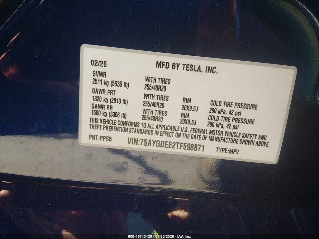 7SAYGDEE2TF598871 2026 TESLA MODEL Y photo no. 9