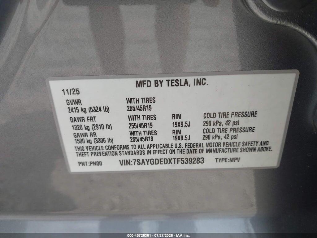 7SAYGDEDXTF539283 2026 TESLA MODEL Y photo no. 9