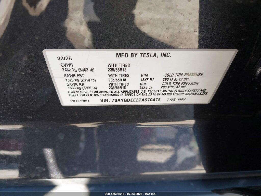 7SAYGDEE3TA670478 2026 TESLA MODEL Y photo no. 9