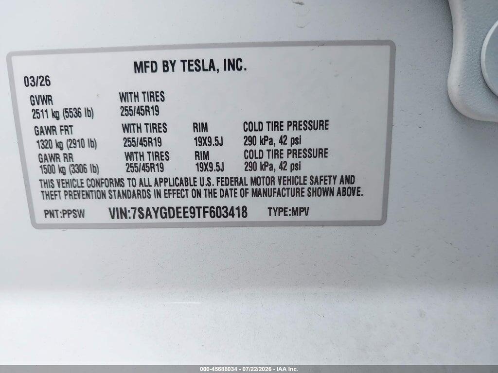 7SAYGDEE9TF603418 2026 TESLA MODEL Y photo no. 9