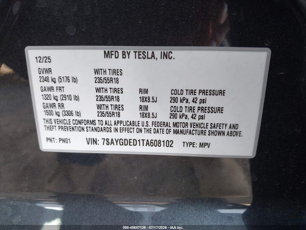 7SAYGDED1TA608102 2026 TESLA MODEL Y photo no. 9