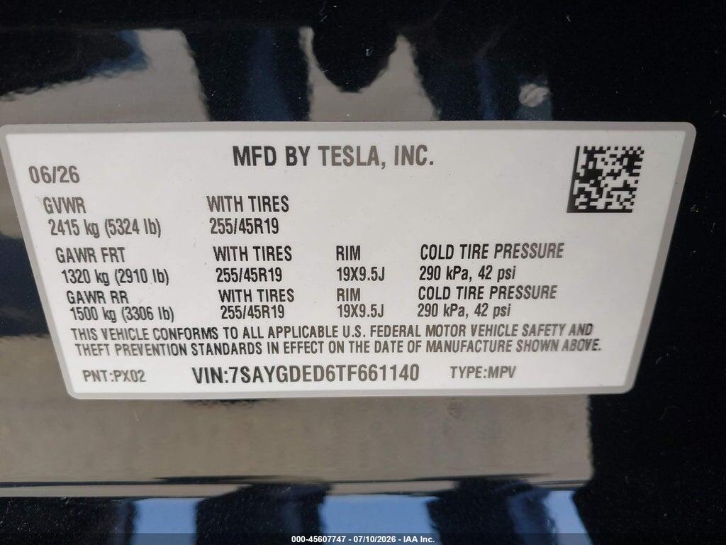 7SAYGDED6TF661140 2026 TESLA MODEL Y photo no. 9