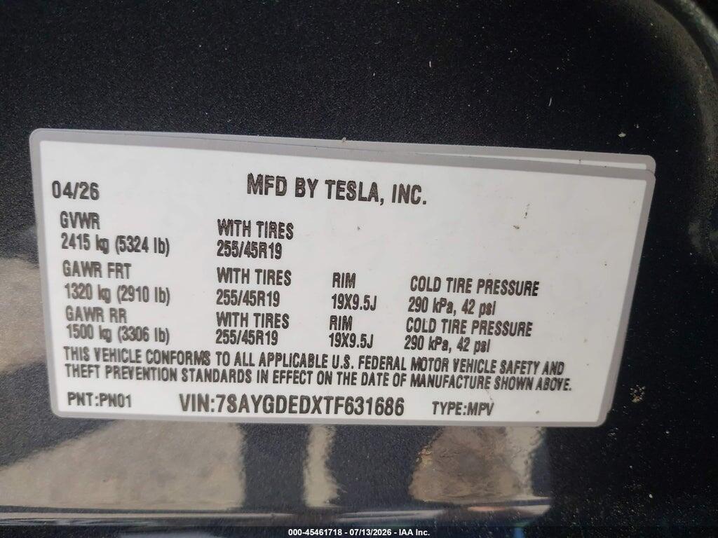 7SAYGDEDXTF631686 2026 TESLA MODEL Y photo no. 9