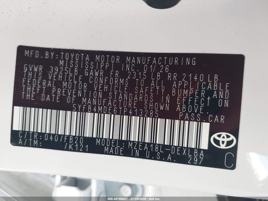 5YFB4MDE6TP413285 2026 TOYOTA COROLLA photo no. 9