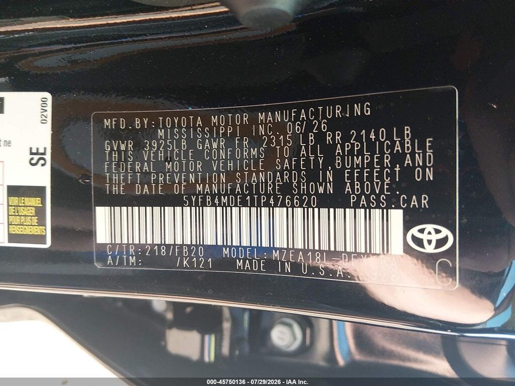 5YFB4MDE1TP476620 2026 TOYOTA COROLLA photo no. 9