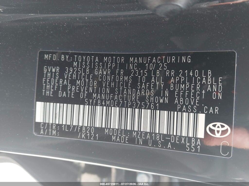 5YFB4MDE7TP375761 2026 TOYOTA COROLLA photo no. 9