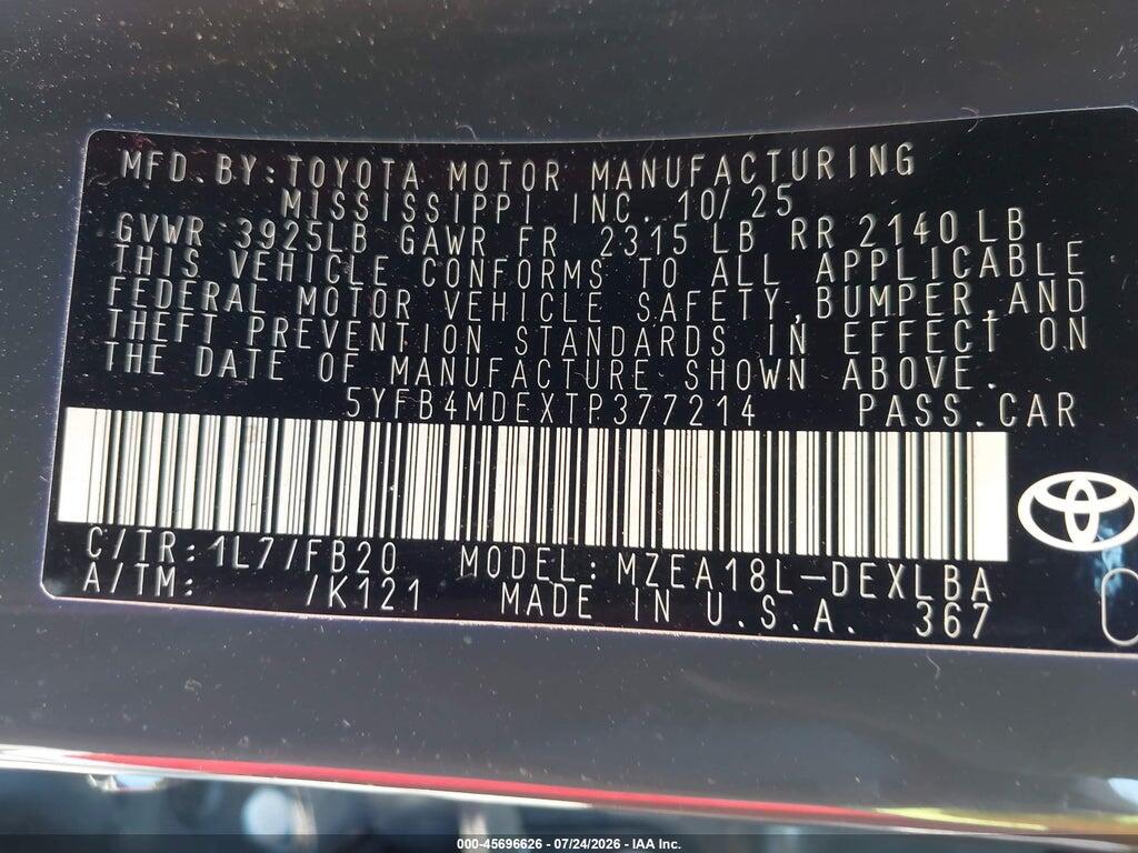 5YFB4MDEXTP377214 2026 TOYOTA COROLLA photo no. 9
