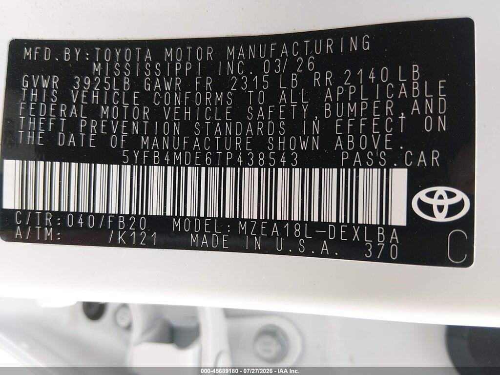 5YFB4MDE6TP438543 2026 TOYOTA COROLLA photo no. 9