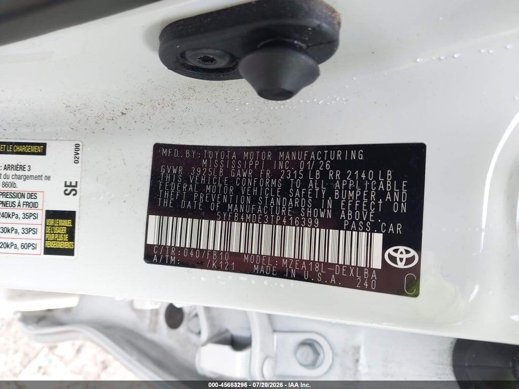 5YFB4MDE3TP416399 2026 TOYOTA COROLLA photo no. 9