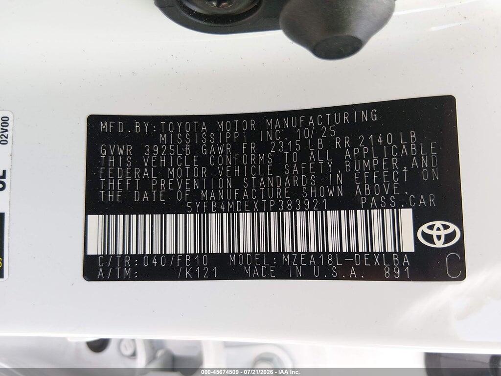 5YFB4MDEXTP383921 2026 TOYOTA COROLLA photo no. 9