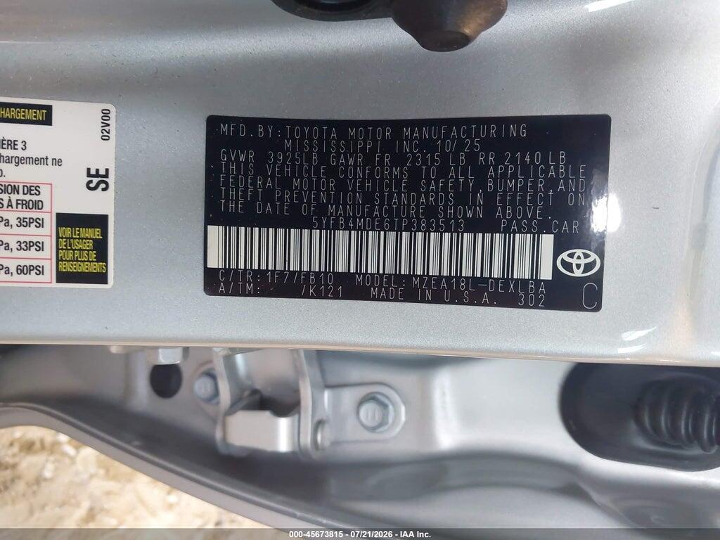 5YFB4MDE6TP383513 2026 TOYOTA COROLLA photo no. 9