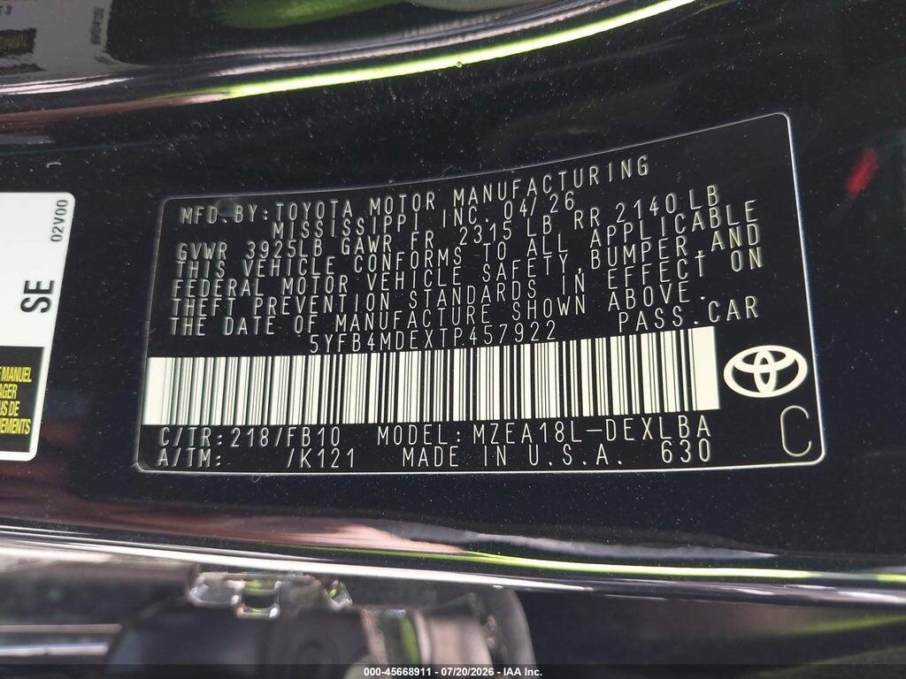 5YFB4MDEXTP457922 2026 TOYOTA COROLLA photo no. 9
