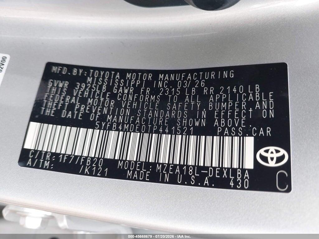 5YFB4MDE0TP441521 2026 TOYOTA COROLLA photo no. 9