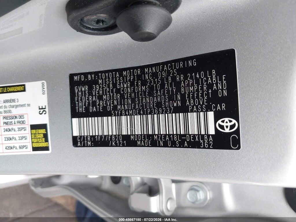 5YFB4MDE4TP369237 2026 TOYOTA COROLLA photo no. 9