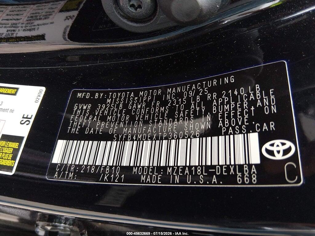 5YFB4MDEXTP360526 2026 TOYOTA COROLLA photo no. 9