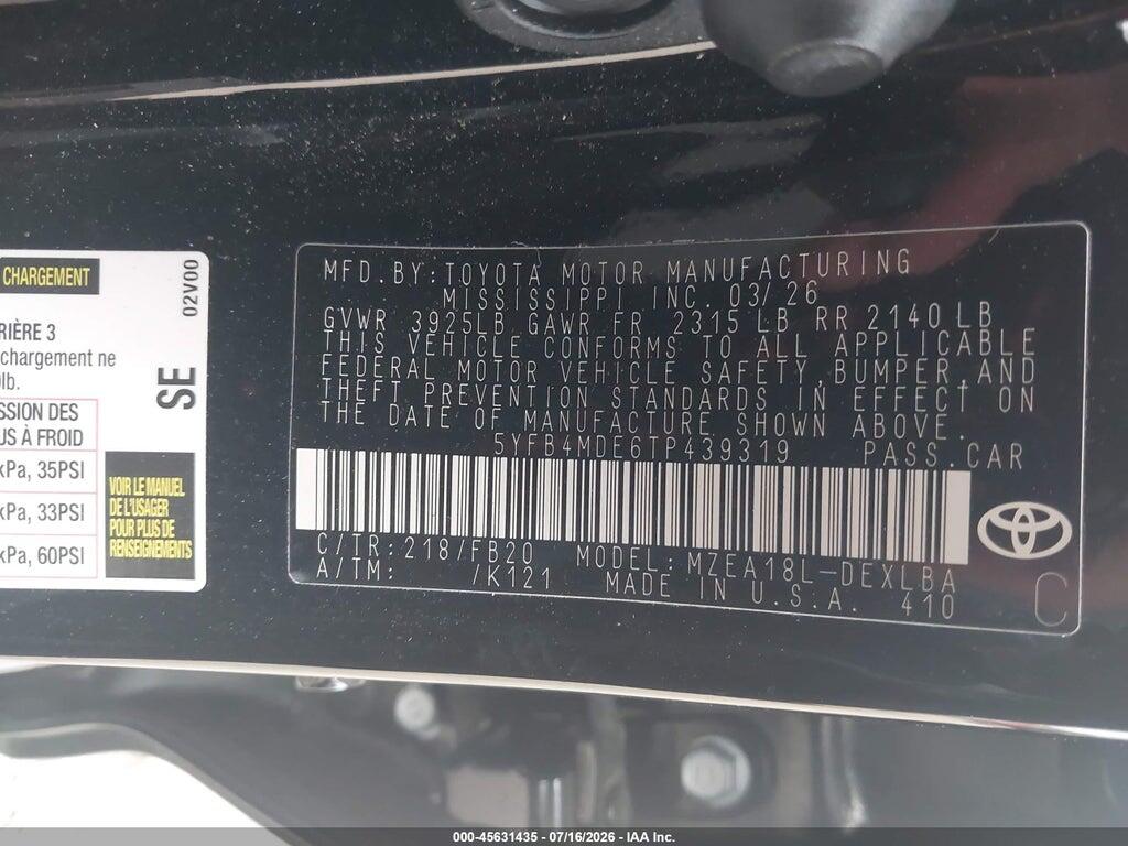 5YFB4MDE6TP439319 2026 TOYOTA COROLLA photo no. 9
