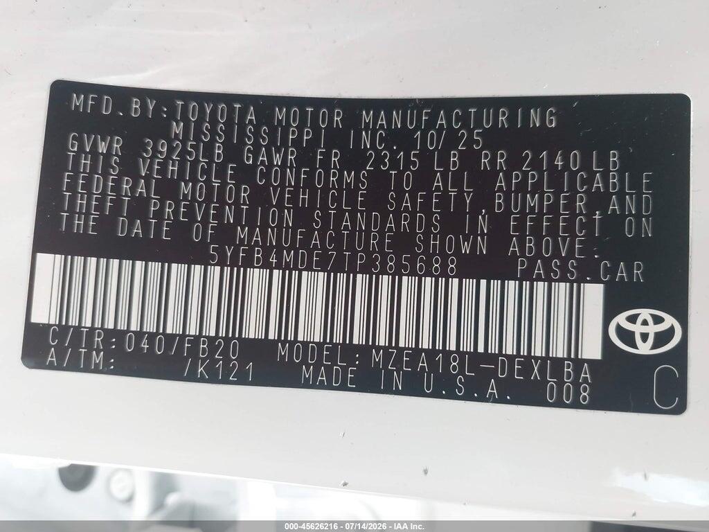 5YFB4MDE7TP385688 2026 TOYOTA COROLLA photo no. 9
