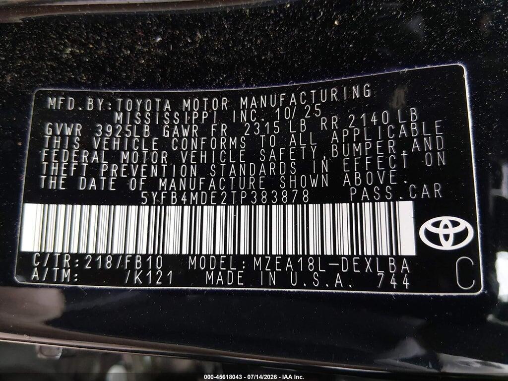 5YFB4MDE2TP383878 2026 TOYOTA COROLLA photo no. 9