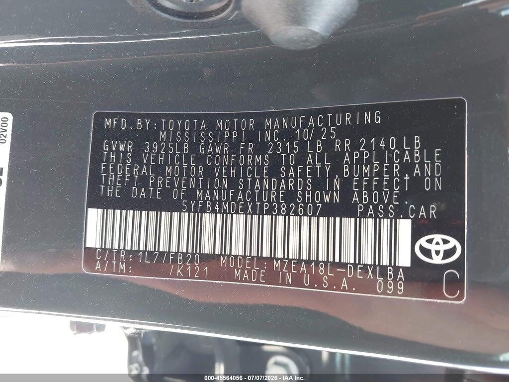5YFB4MDEXTP382607 2026 TOYOTA COROLLA photo no. 9