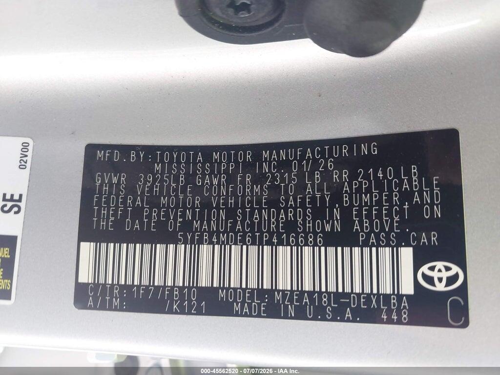 5YFB4MDE6TP416686 2026 TOYOTA COROLLA photo no. 9