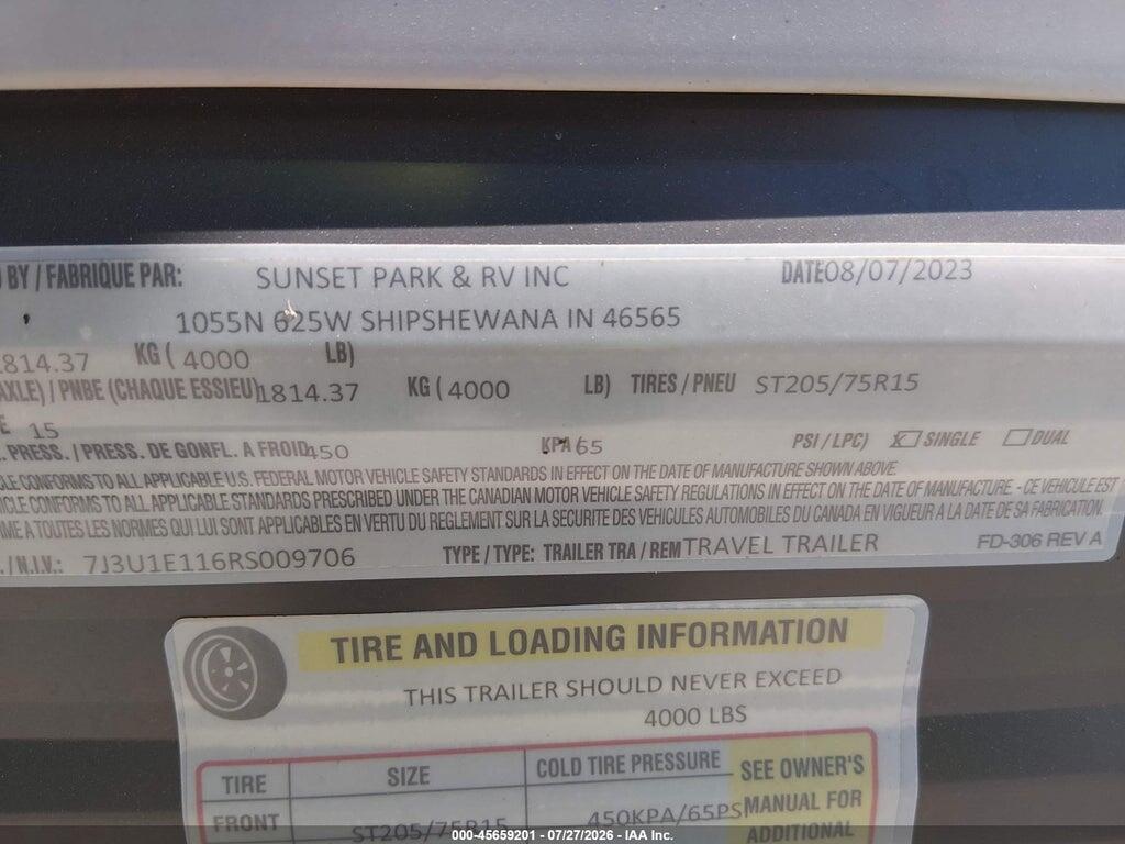7J3U1E116RS009706 2024 SUNSET WEEKENDER SUNLITE photo no. 9