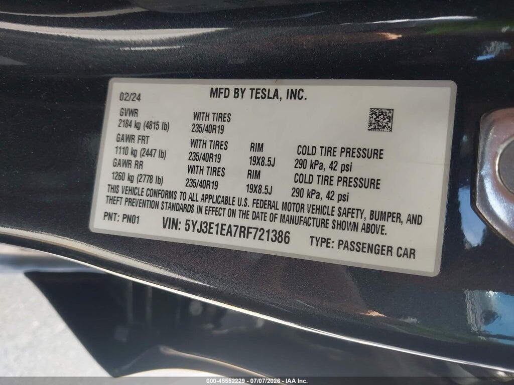5YJ3E1EA7RF721386 2024 TESLA MODEL 3 photo no. 9