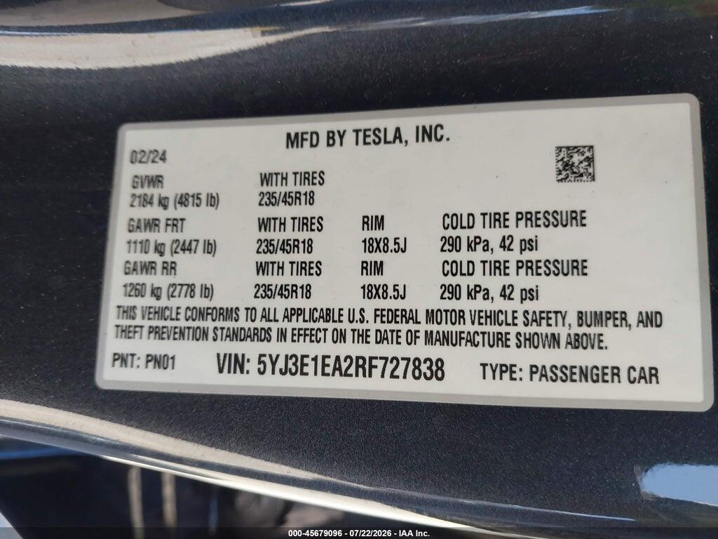 5YJ3E1EA2RF727838 2024 TESLA MODEL 3 photo no. 9