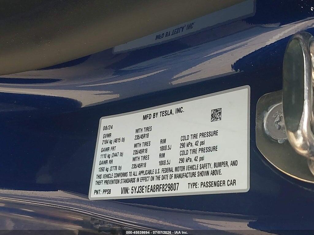 5YJ3E1EA8RF829807 2024 TESLA MODEL 3 photo no. 9
