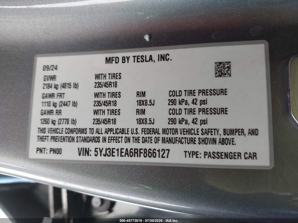 5YJ3E1EA6RF866127 2024 TESLA MODEL 3 photo no. 9