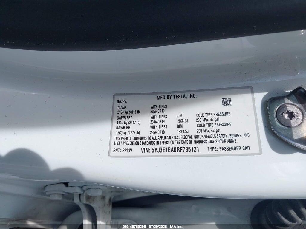5YJ3E1EA0RF795121 2024 TESLA MODEL 3 photo no. 9