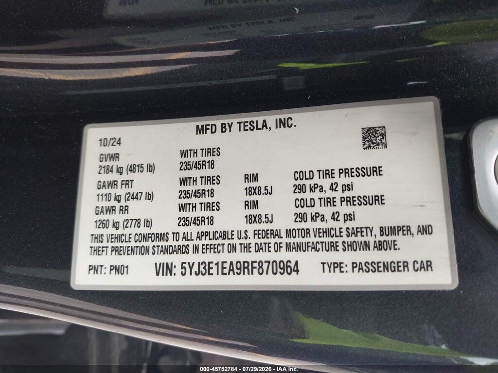 5YJ3E1EA9RF870964 2024 TESLA MODEL 3 photo no. 9