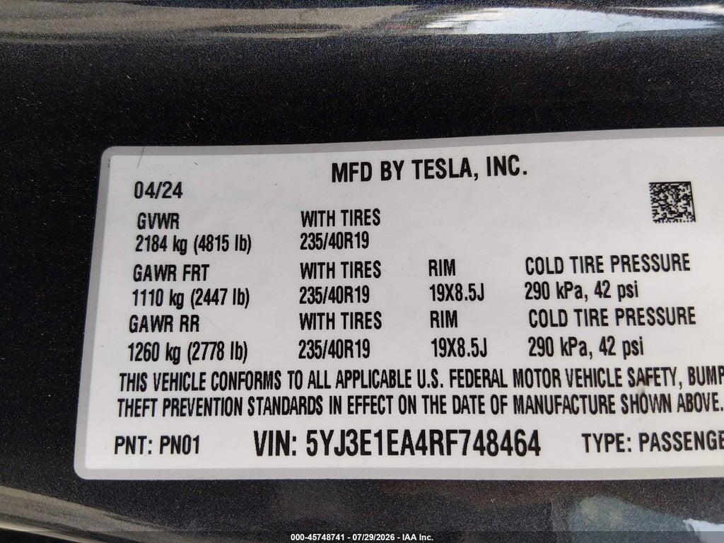 5YJ3E1EA4RF748464 2024 TESLA MODEL 3 photo no. 9