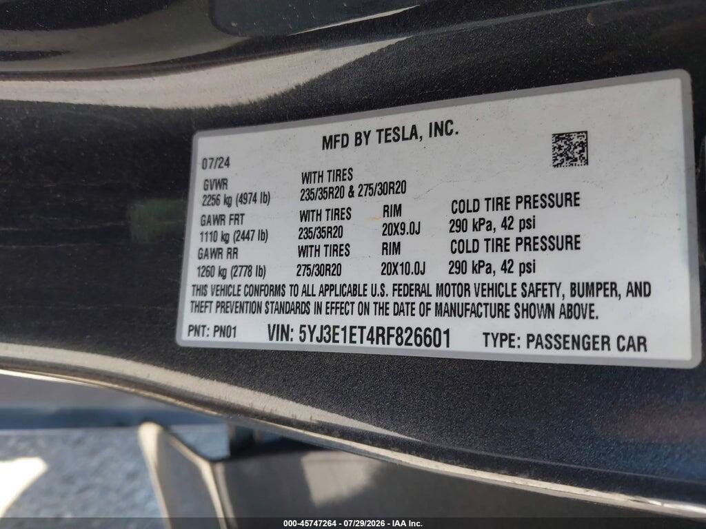5YJ3E1ET4RF826601 2024 TESLA MODEL 3 photo no. 9