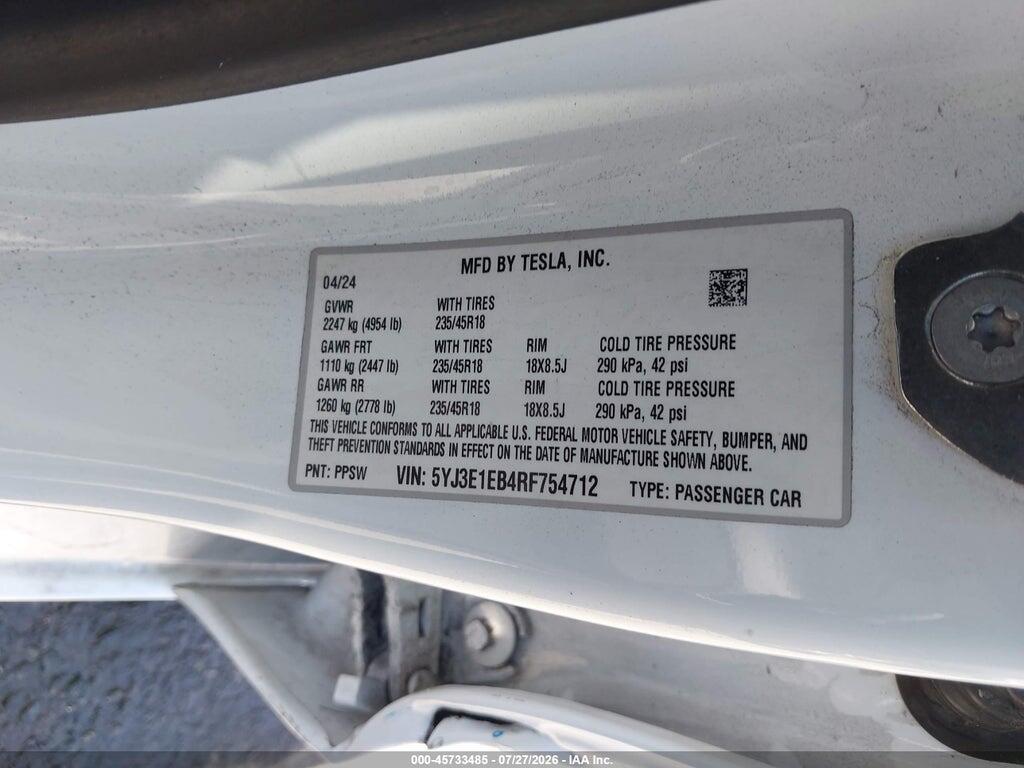 5YJ3E1EB4RF754712 2024 TESLA MODEL 3 photo no. 9