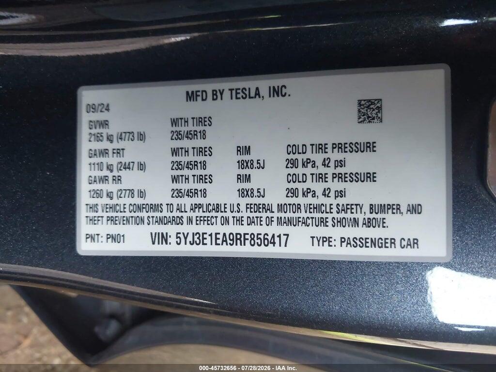 5YJ3E1EA9RF856417 2024 TESLA MODEL 3 photo no. 9
