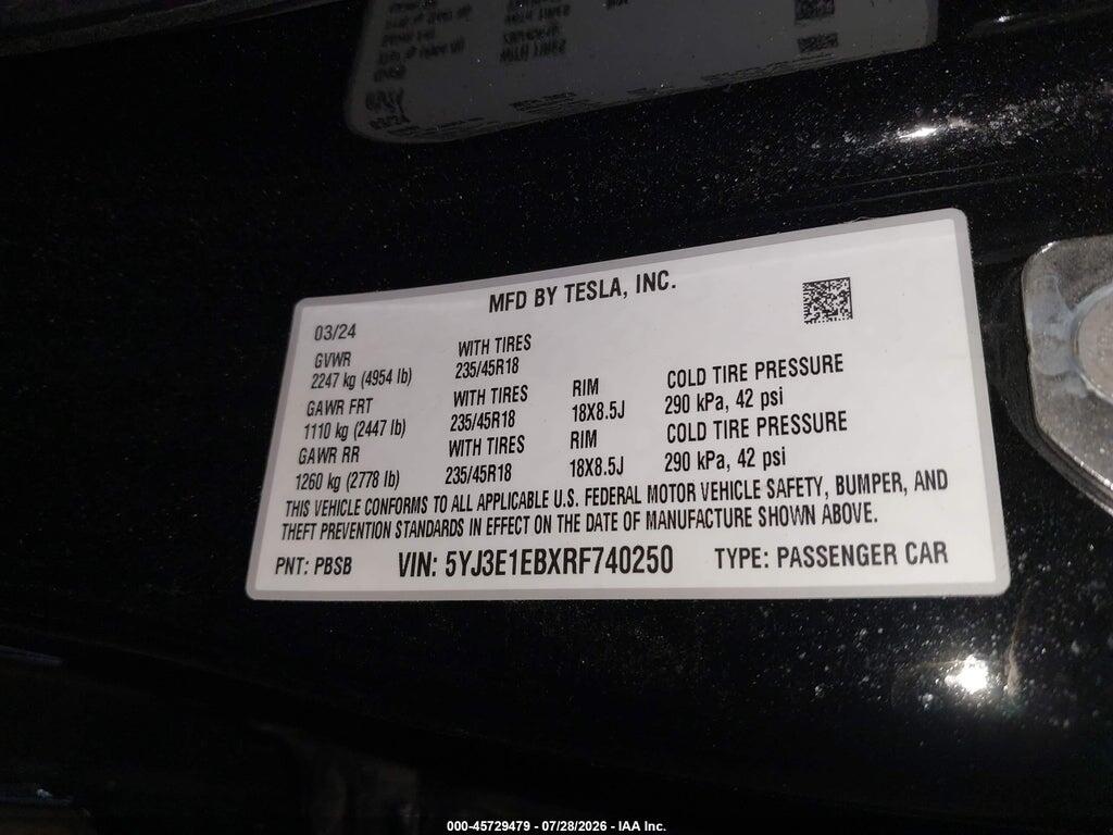 5YJ3E1EBXRF740250 2024 TESLA MODEL 3 photo no. 8