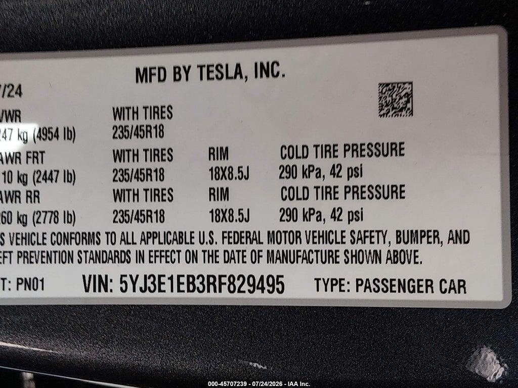 5YJ3E1EB3RF829495 2024 TESLA MODEL 3 photo no. 9