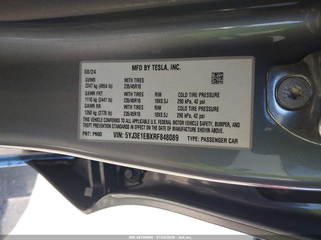 5YJ3E1EBXRF848089 2024 TESLA MODEL 3 photo no. 9