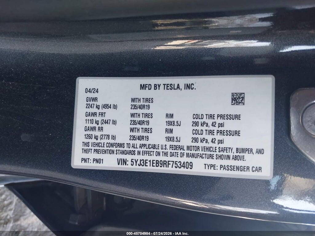 5YJ3E1EB9RF753409 2024 TESLA MODEL 3 photo no. 9
