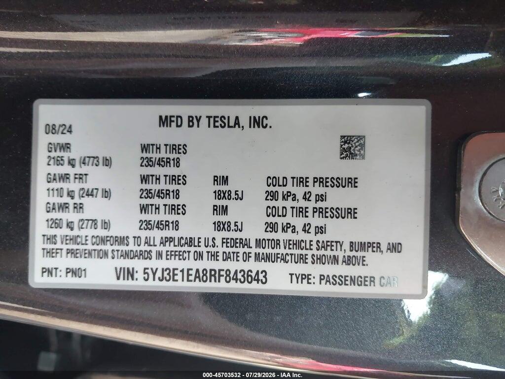 5YJ3E1EA8RF843643 2024 TESLA MODEL 3 photo no. 9