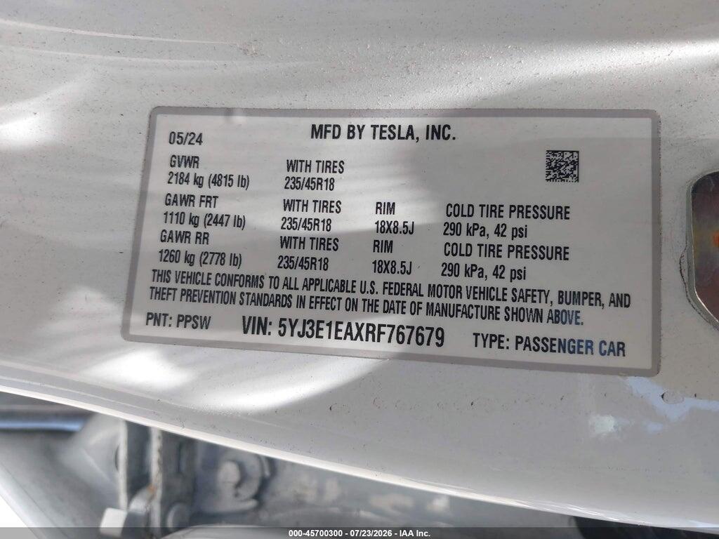 5YJ3E1EAXRF767679 2024 TESLA MODEL 3 photo no. 9