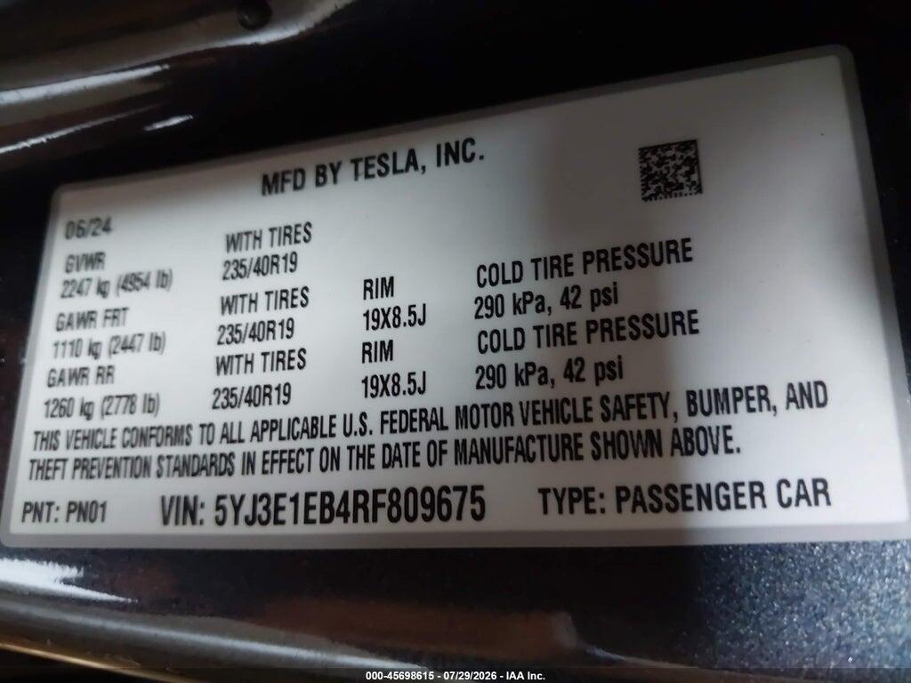 5YJ3E1EB4RF809675 2024 TESLA MODEL 3 photo no. 9