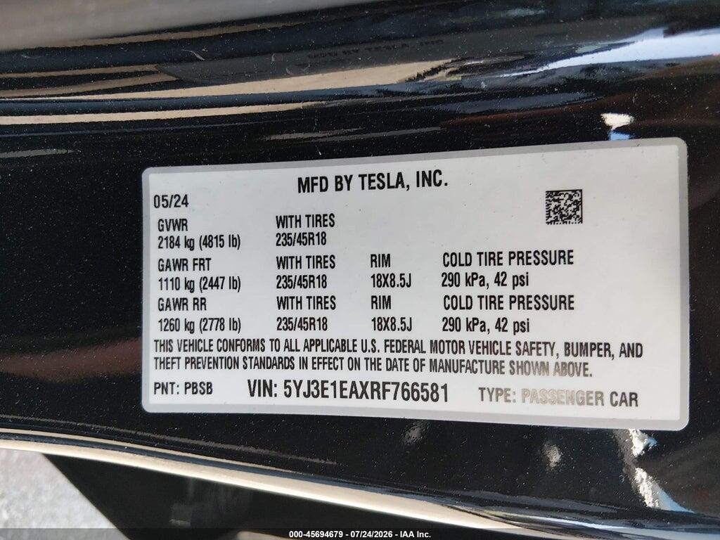 5YJ3E1EAXRF766581 2024 TESLA MODEL 3 photo no. 9