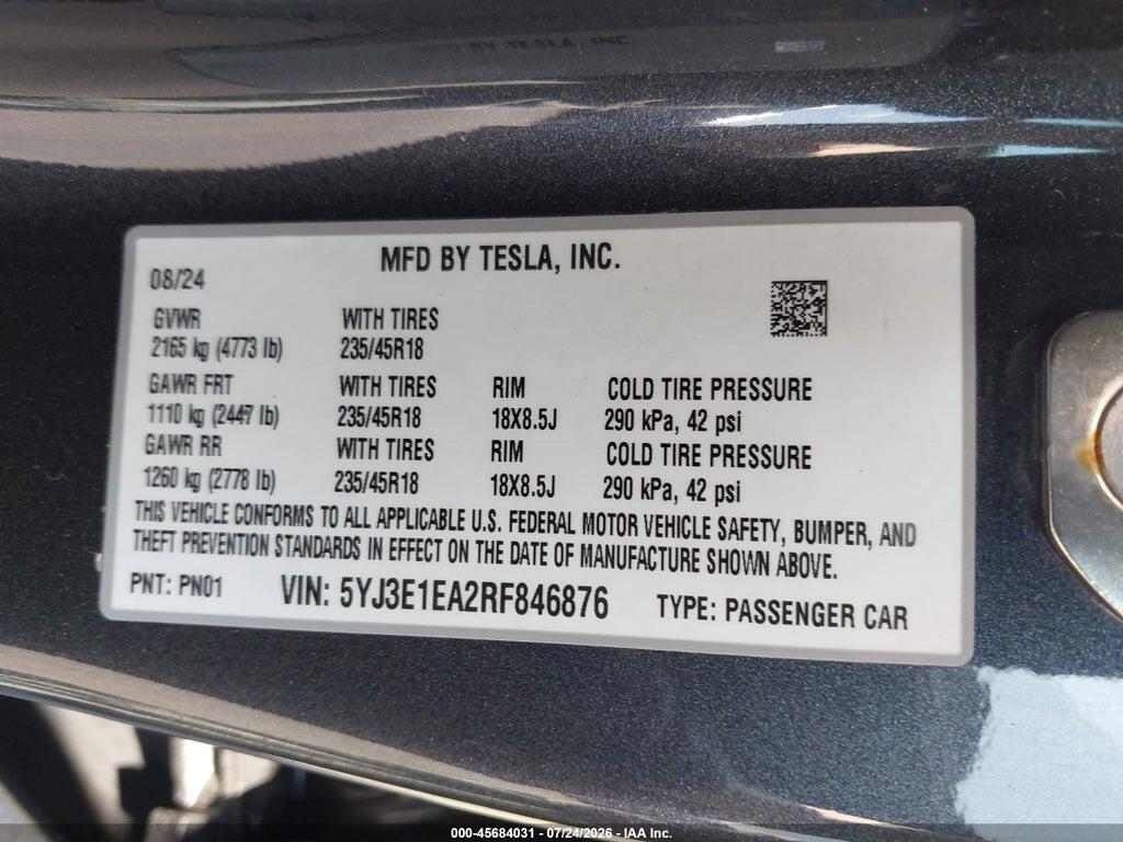 5YJ3E1EA2RF846876 2024 TESLA MODEL 3 photo no. 9