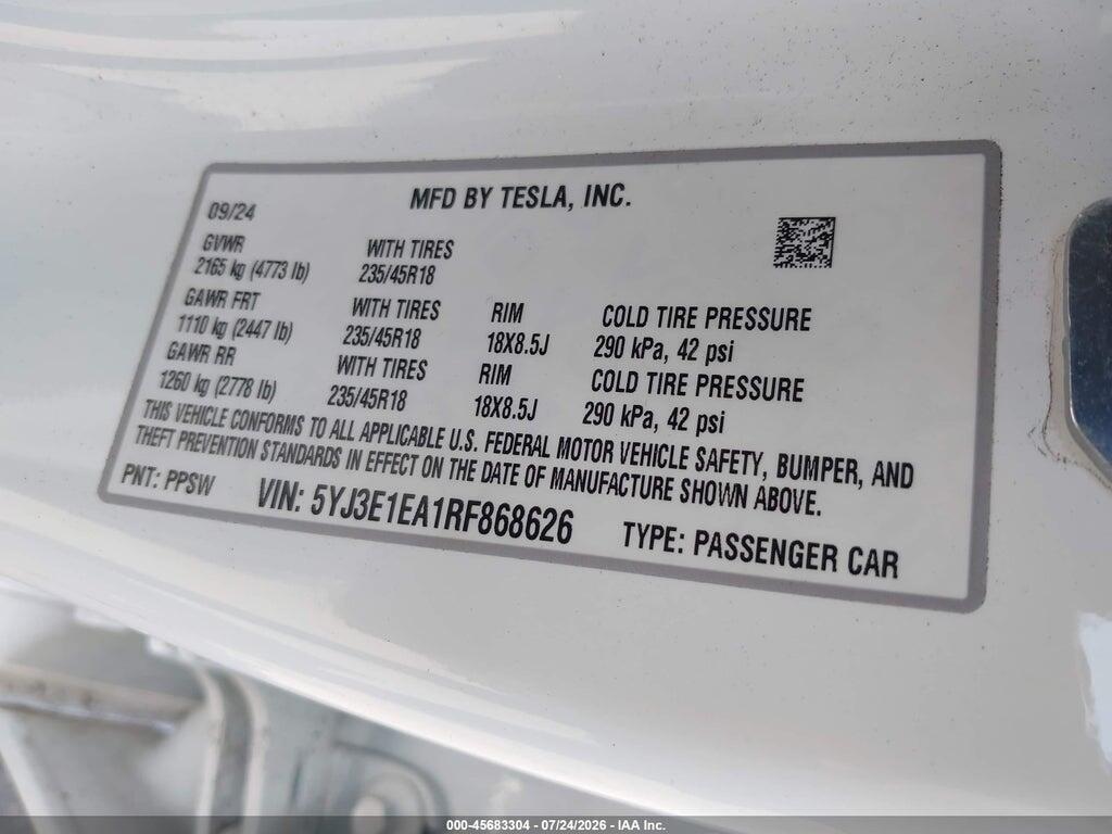 5YJ3E1EA1RF868626 2024 TESLA MODEL 3 photo no. 9