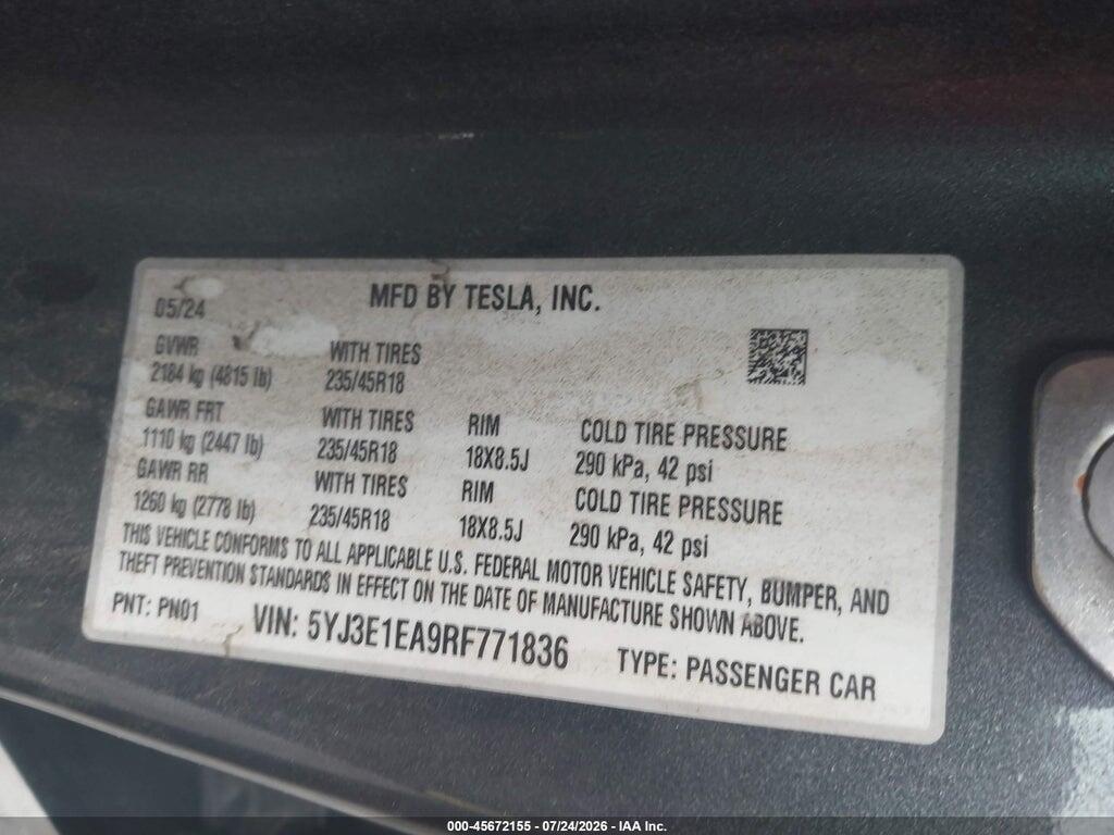 5YJ3E1EA9RF771836 2024 TESLA MODEL 3 photo no. 9
