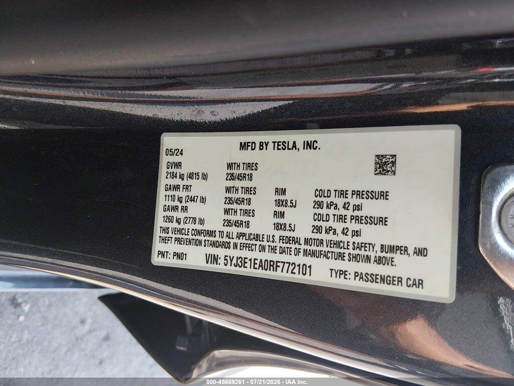 5YJ3E1EA0RF772101 2024 TESLA MODEL 3 photo no. 9