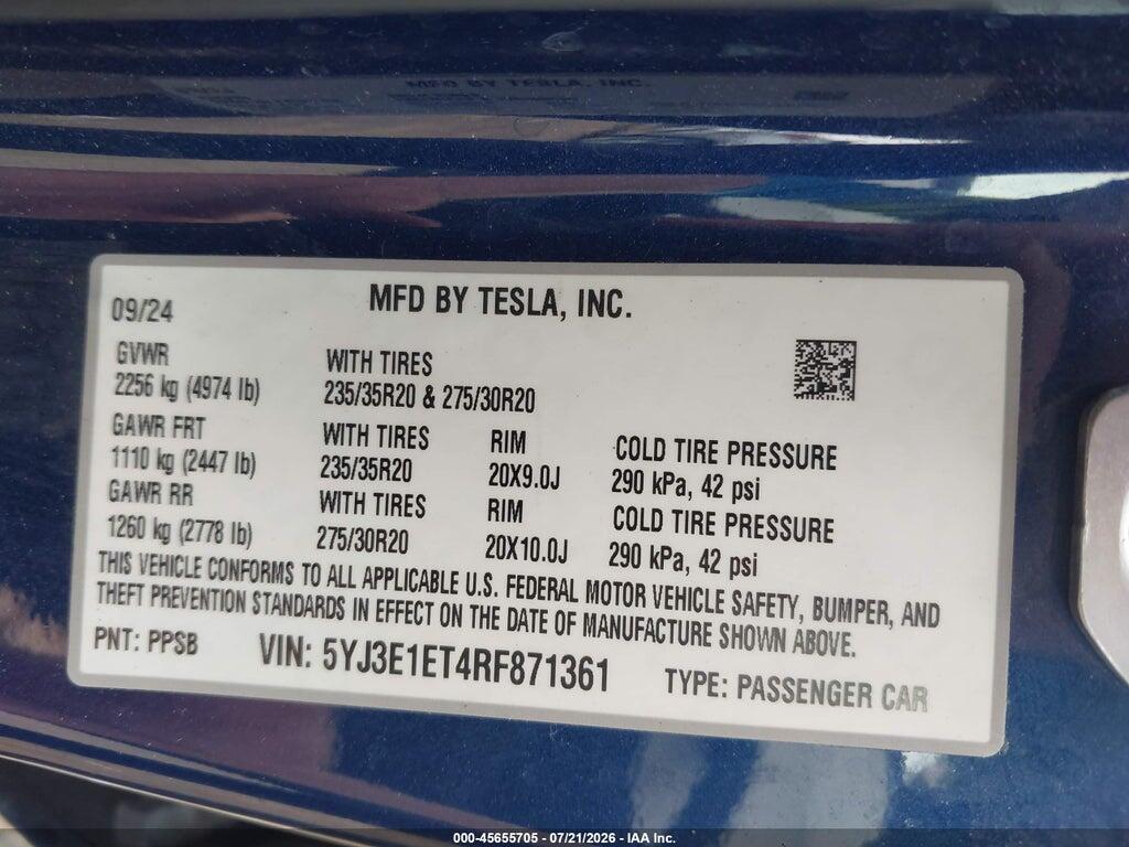 5YJ3E1ET4RF871361 2024 TESLA MODEL 3 photo no. 9