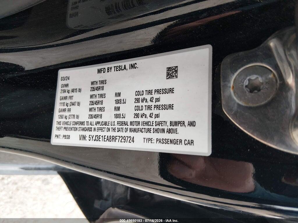 5YJ3E1EA8RF729724 2024 TESLA MODEL 3 photo no. 9