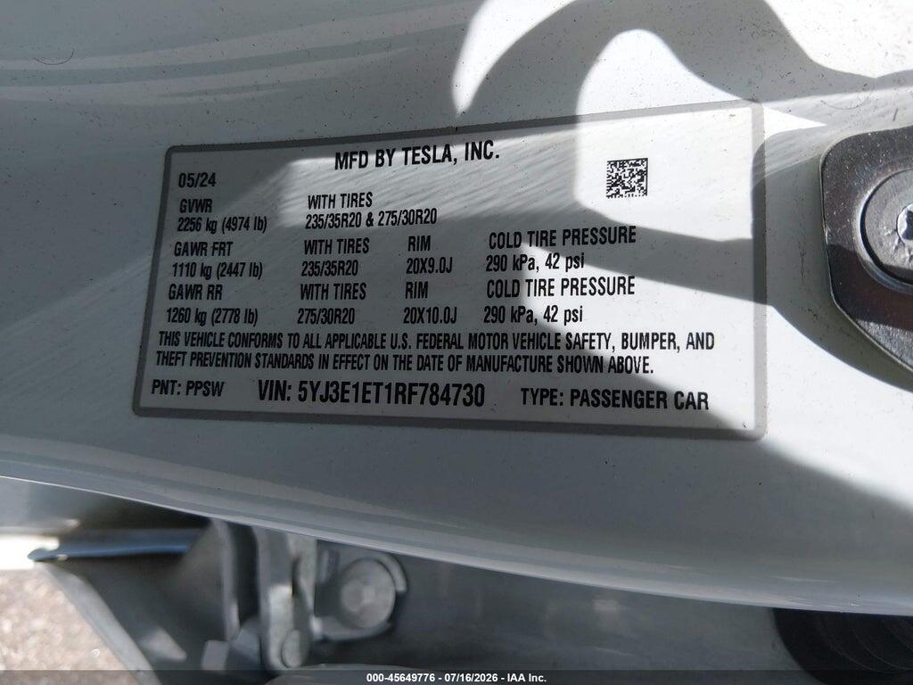 5YJ3E1ET1RF784730 2024 TESLA MODEL 3 photo no. 9